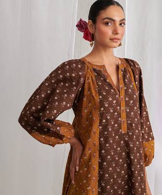 Brown cotton floral printed kurta set 3