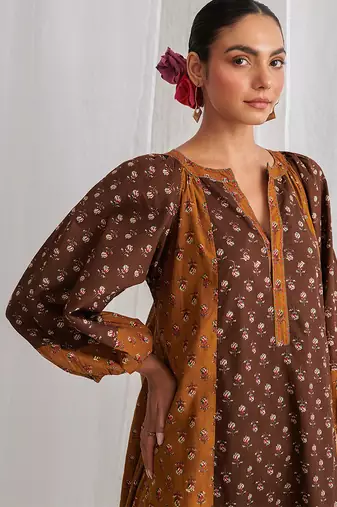 Brown cotton floral printed kurta set