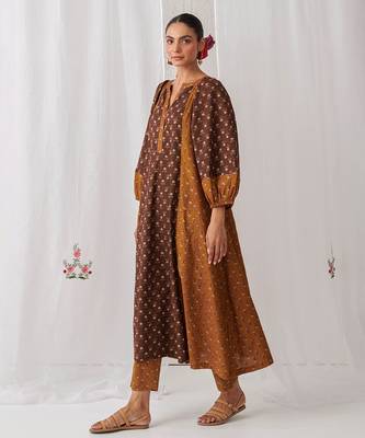 Brown cotton floral printed kurta set 4