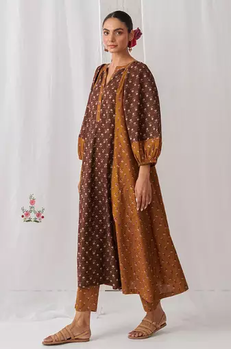 Brown cotton floral printed kurta set