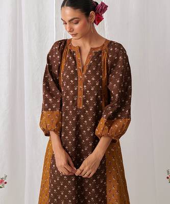 Brown cotton floral printed kurta set 5