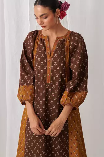 Brown cotton floral printed kurta set