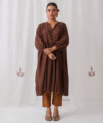 Brown cotton floral printed kurta set 1