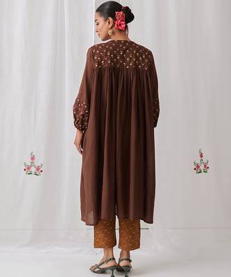 Brown cotton floral printed kurta set 2