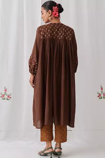 Brown cotton floral printed kurta set