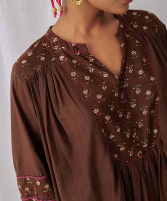 Brown cotton floral printed kurta set 3