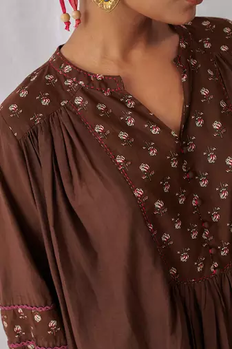 Brown cotton floral printed kurta set