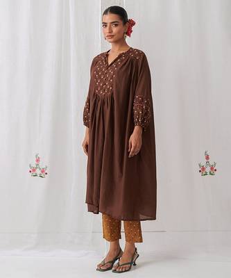 Brown cotton floral printed kurta set 4