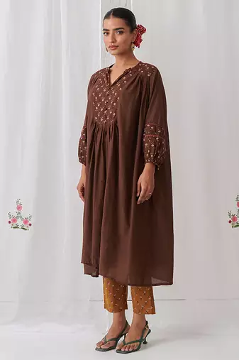 Brown cotton floral printed kurta set