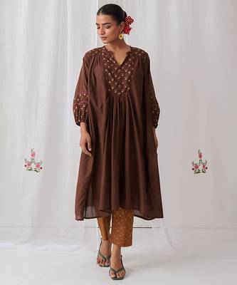 Brown cotton floral printed kurta set 5