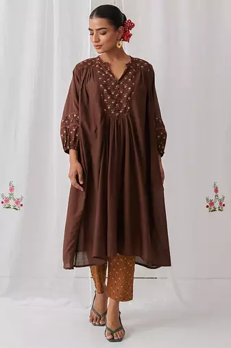 Brown cotton floral printed kurta set