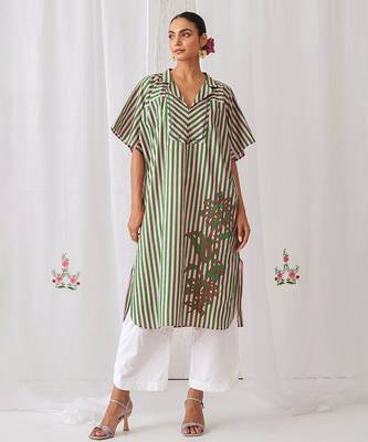 Green cotton plain kurta set 1