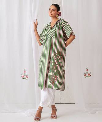 Green cotton plain kurta set 4