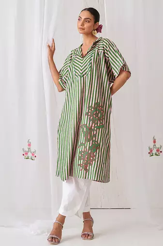 Green cotton plain kurta set