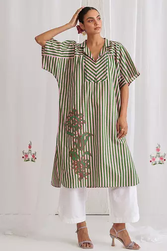 Green cotton plain kurta set