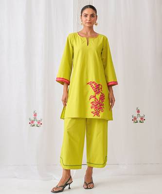 Light green cotton plain kurta set 1
