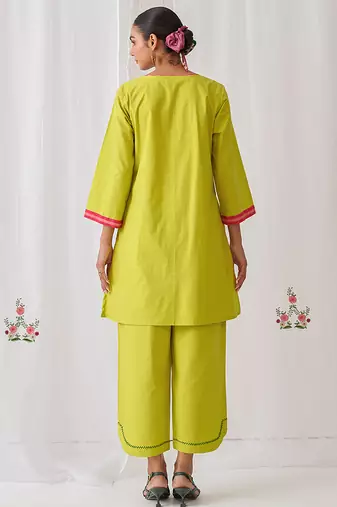 Light green cotton plain kurta set