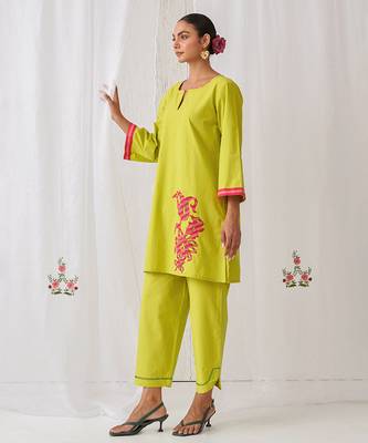 Light green cotton plain kurta set 4