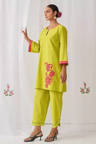Light green cotton plain kurta set