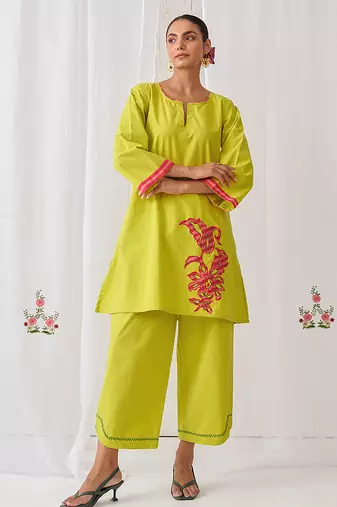 Light green cotton plain kurta set
