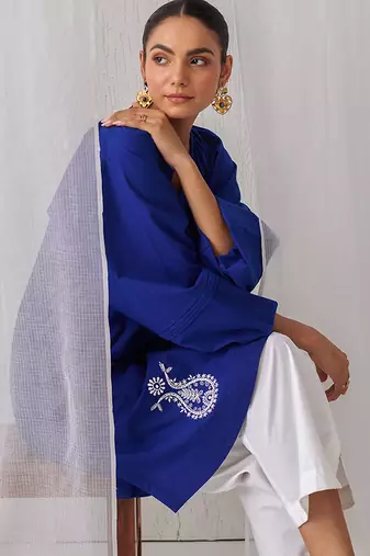 Royal blue cotton plain kurta set