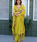 Yellow Floral Embroidered Regular Kurta With Trousers & With Dupatta