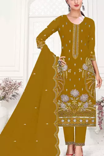 Mustard embroderied organza salwar suit