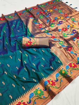 Soft paithani silk blend saree with zari weaving  meenakari motifs design 6