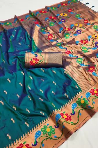 Soft paithani silk blend saree with zari weaving  meenakari motifs design