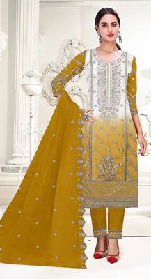 Mustard embroderied organza salwar suit 1