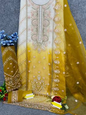 Mustard embroderied organza salwar suit 2