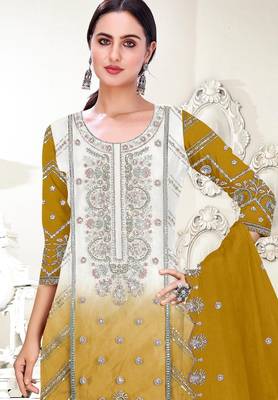 Mustard embroderied organza salwar suit 3