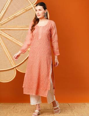 Hand embroidered peach kota lucknowi chikankari straight kurta with slip 1