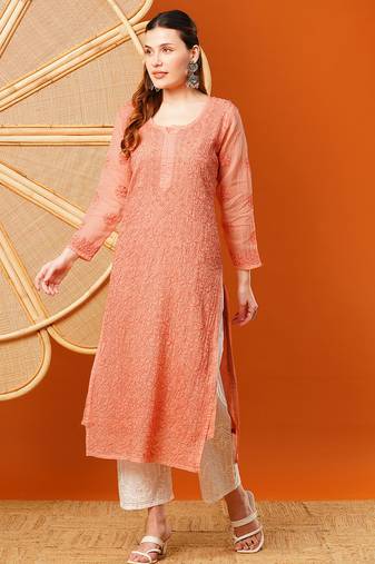 Hand embroidered peach kota lucknowi chikankari straight kurta with slip