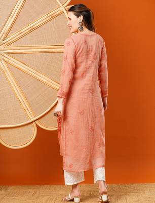 Hand embroidered peach kota lucknowi chikankari straight kurta with slip 2