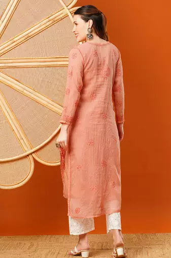 Hand embroidered peach kota lucknowi chikankari straight kurta with slip