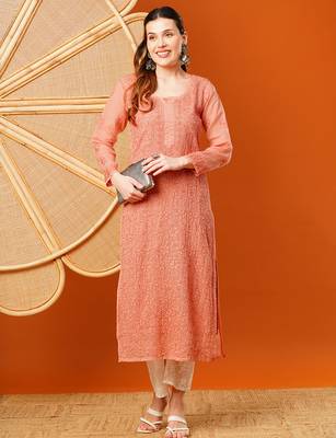 Hand embroidered peach kota lucknowi chikankari straight kurta with slip 3