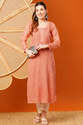 Hand embroidered peach kota lucknowi chikankari straight kurta with slip