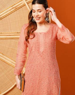 Hand embroidered peach kota lucknowi chikankari straight kurta with slip 4