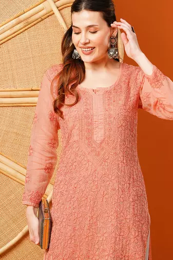 Hand embroidered peach kota lucknowi chikankari straight kurta with slip