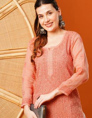 Hand embroidered peach kota lucknowi chikankari straight kurta with slip 5