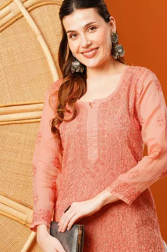 Hand embroidered peach kota lucknowi chikankari straight kurta with slip