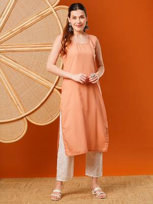 Hand embroidered peach kota lucknowi chikankari straight kurta with slip 6