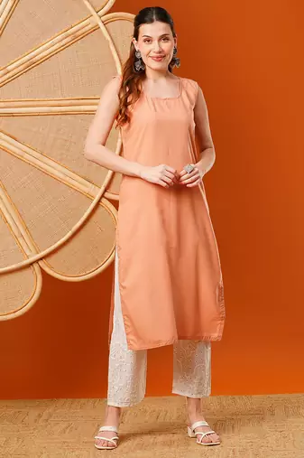 Hand embroidered peach kota lucknowi chikankari straight kurta with slip