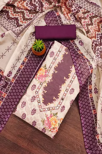  wine floral printed organza salwar suit material with heavy santoon bottom