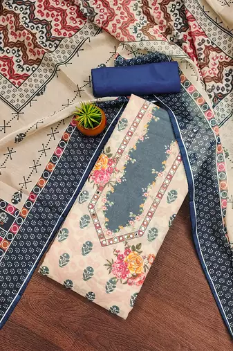  royal blue floral printed organza salwar suit material with heavy santoon bottom