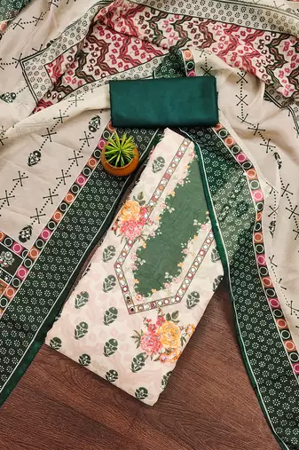  green floral printed organza salwar suit material with heavy santoon bottom