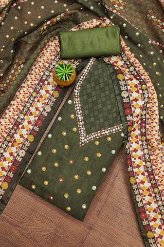 Olive green organza printed salwar suit set with heavy santoon bottom & designer dupatta