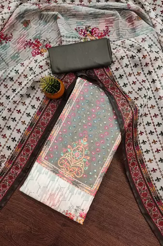 Grey organza printed salwar suit set with santoon bottom and multicolor organza dupatta