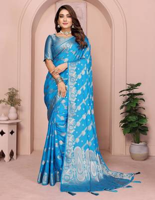 Blue georgette Art silk blend saree with weaving zari work 1